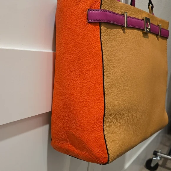 Kate Spade Colorblock Leather Tote Orange Pink Tan Shoulder Work Bag Spring - Picture 3 of 10